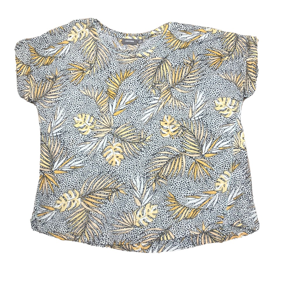 Sussan Womens Top Sz M Linen Tee Oversized Leaf Jungle Print Z4