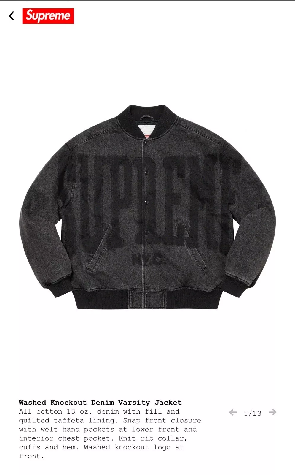 Veste universitaire en denim lavé Supreme noire petite
