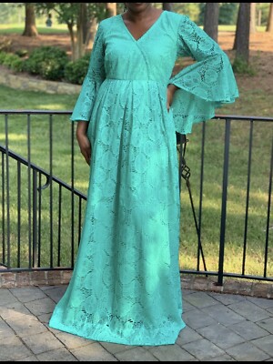 Green Lace Dentelle Bell Sleeve Maxi Dress | eBay
