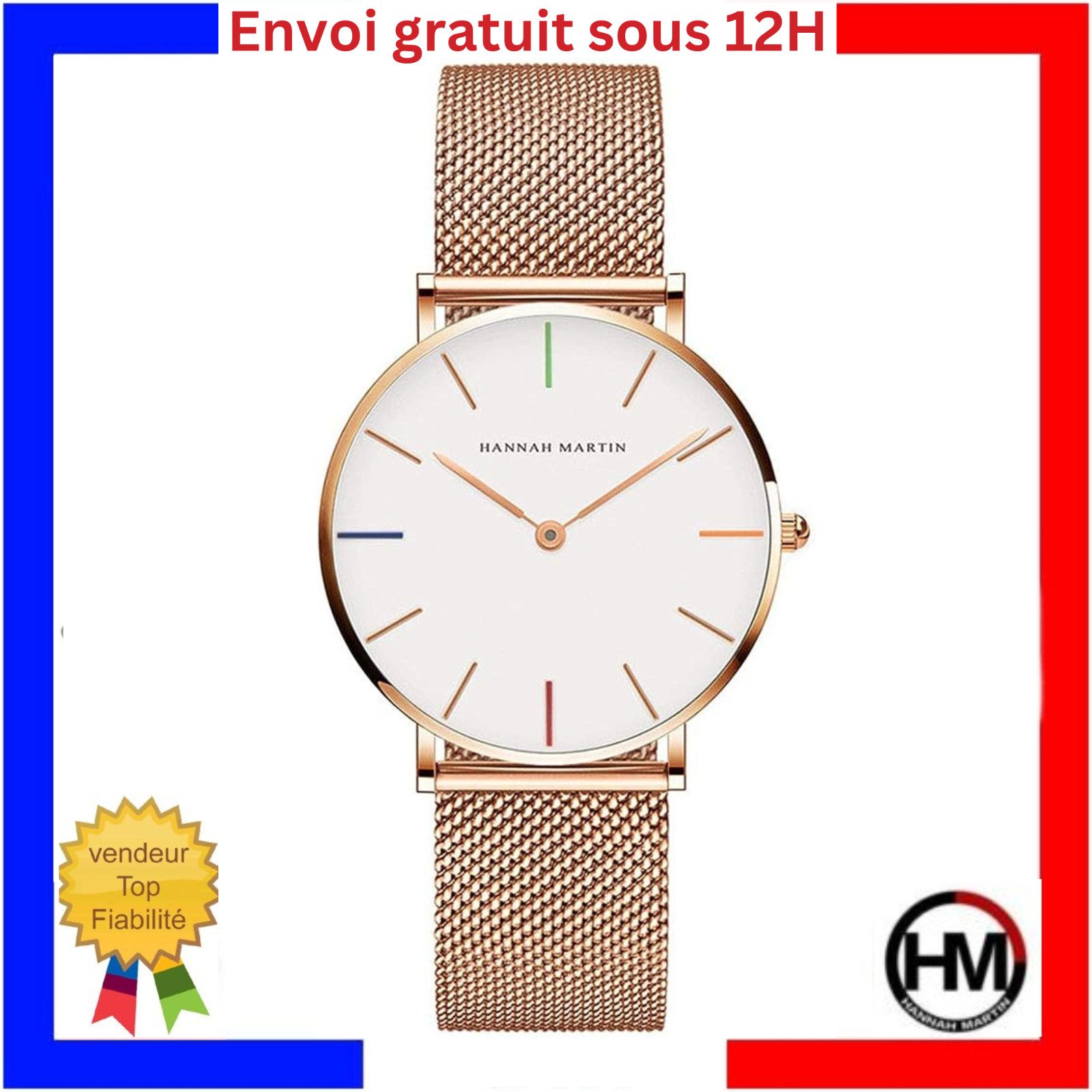 Montre quartz étanche femme minimaliste bracelet maille milanaise rose doré