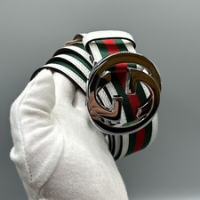 Gucci Red, Green, White Stripe Leather Web Belt Size 105 (36/38) Box & Dust Bag