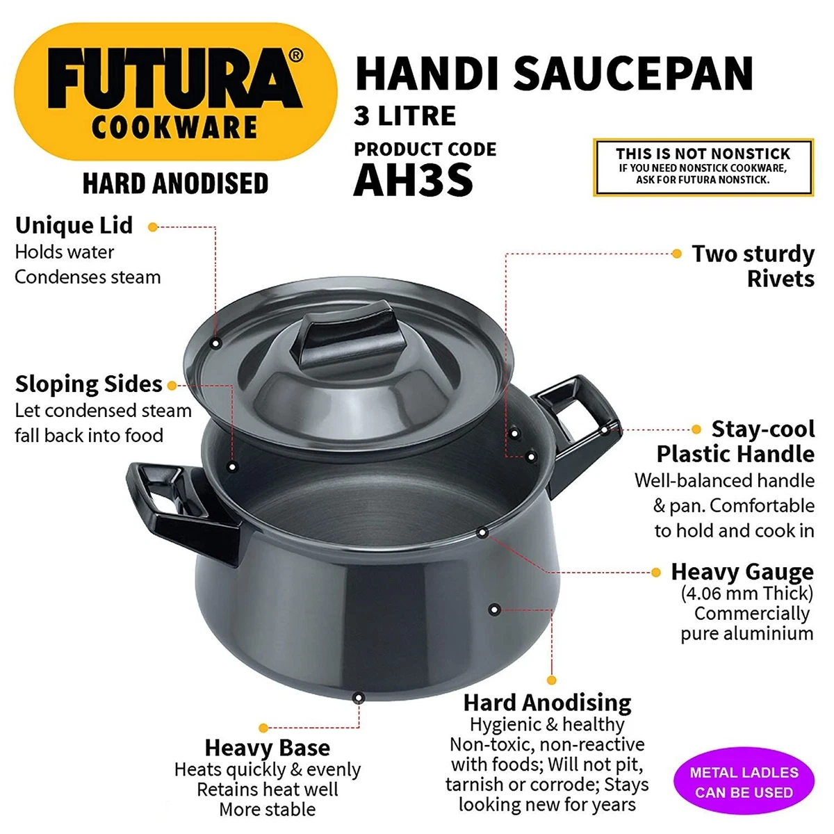 Hawkins Futura Hard Anodised Handi Saucepan 2 Short Handles with