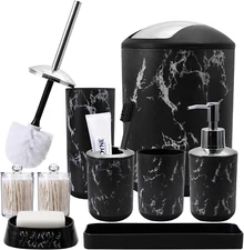 Black Marble Bathroom Accessories Set, Black Bathroom Set with Trash Can, Vanity