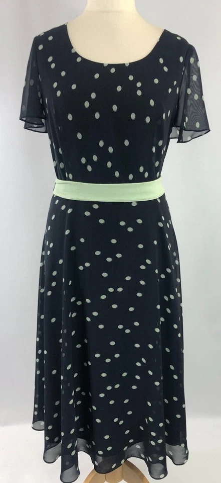 Abito nuovo Jacques Vert 16 chiffon blu navy verde maculato aderente e cintura svasata - Immagine 3 di 4