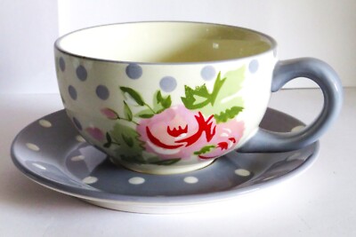 Matalan Floral Handbemalt Cappuccino Teetasse & Untertasse Grau Gepunktet Rosa Rose