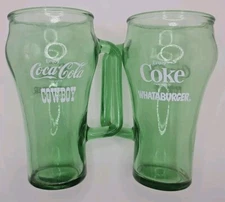 Vintage Coca Cola Whataburger Cowboy Coke Green Glass Mug D Handle Cup 16oz Set