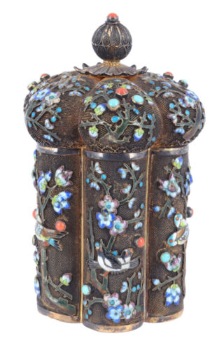 China export solid silver tea caddy with coral and turquoise, silver and enamel - Picture 4 of 6