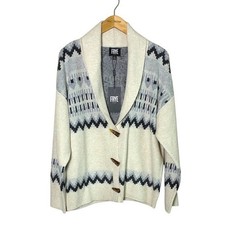 New FRYE Women Large Oatmeal Heather Combo Aztec Cardigan Sweater Cozy Comfy