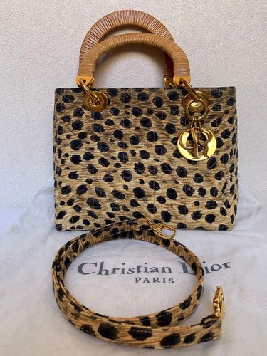 Lady Dior Cannage bag, leopard print, rattan handle, gold. #QYKKQX