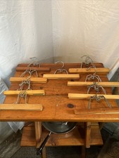 Vintage Wooden Hangers Lot of 9 Wood Various Labels Clamp Pant Skirt Hangers  