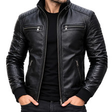 Men's Genuine Leather Jacket Black Motorcycle Biker Bomber Outerwear Coat