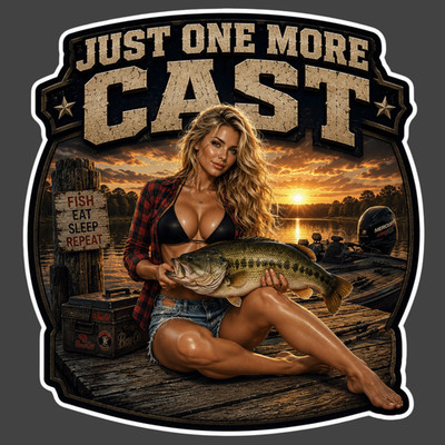 Fishing Sticker Vinyl Decal Just One More Cast Pinup Girl Bass Lake Life 7''