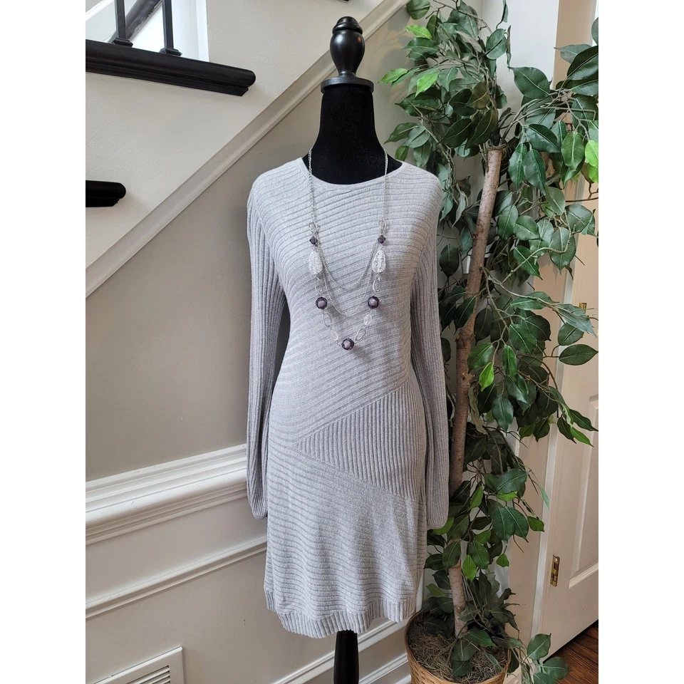 Vestido Camisa APT.9 Para Mujer Talla Mediana Gris Mezcla Algodón Mangas Largas Cuello Redondo Foto 2 de 4