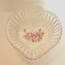 Vintage Ramex Floral Bone China Heart Basket Dish Hand Painted Romania