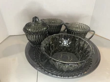 Libby 1960 Smokey Gray 2  Creamers, 1 Sugar, 1 Bowl, 1 Small Plate