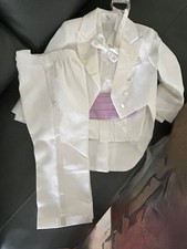Boys White Tuxedo Set Sz 5 Jacket Pleated Shirt Pants Bow Tie Lavender Cummerbun