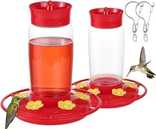 2-Pack Plastic Hummingbird Feeder - 22oz Leakproof Outdoor, 6 Bee-Proof Red 