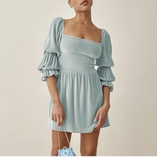 Reformation Albi Velvet Smock Mini Dress sz: L Turquiose Blue Holiday Party