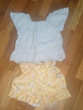 Girls 5 beige Eyelet Flutter Sleeve Top and Yellow Floral Shorts Set