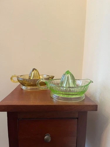 Vintage Depression Glass Citrus Juicers Fluorescent Green & Amber Set of 2 READ