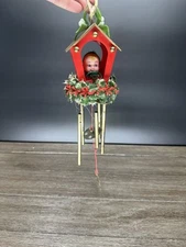 VINTAGE CHRISTMAS ELF PIXIE Wind Chime w/ Harp & Plastic Holly Mistletoe Kitchy