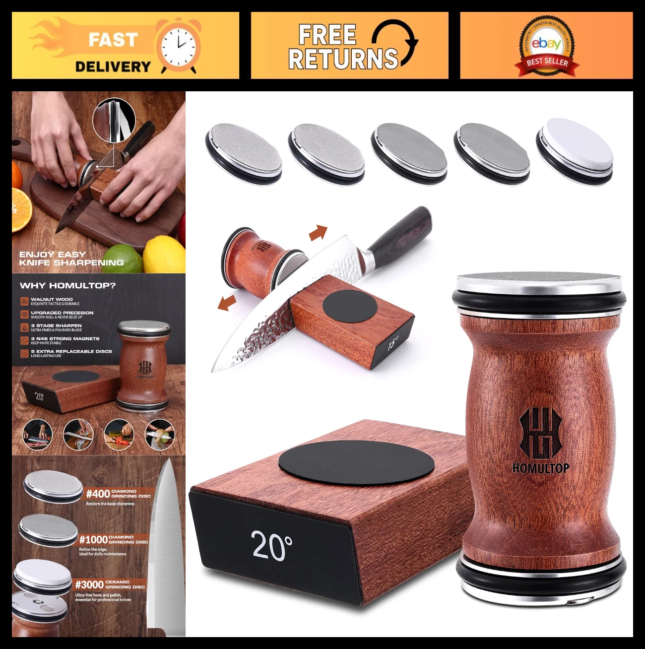Knife Sharpener Kit - Rolling Diamond & Ceramic Sharpener with Replaceable Discs
