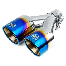 Exhaust Tip 304 SS Passenger Side Round Rolled Edge Angle Cut Clamp-On Dual Blue