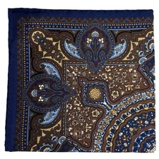 Brown & Navy Geometric Floral Ancient Madder Silk Pocket Square (Hand-Rolled)