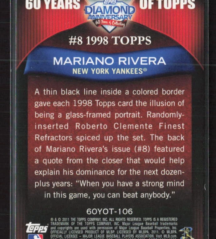2011 Topps #60YOT-106 Mariano Rivera 60 Years of Topps New York Yankees (D) - Image 2 of 2