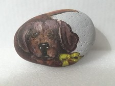Original Stone Art by Leean of Dog Green Bow Rock Art Painting Signed Paperweigh