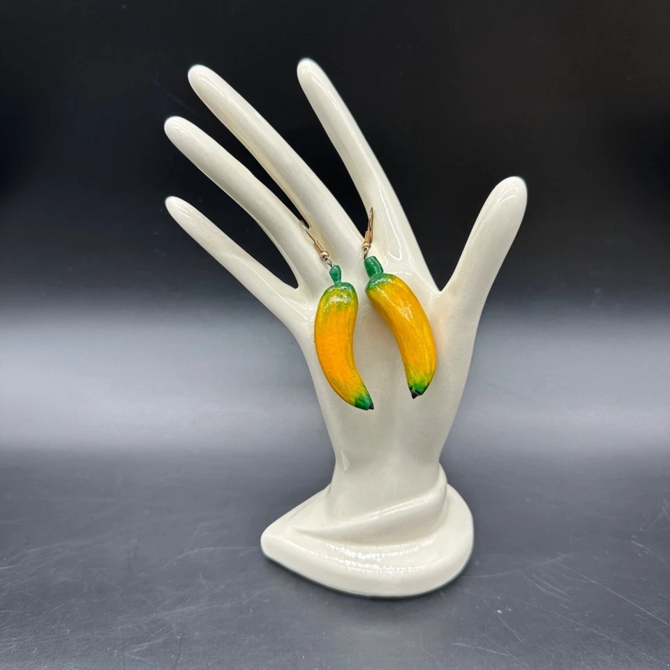 Banana Earrings Wooden Tropical Fruit Dangle Drop Yellow Kitschy Funky Beach - Image 2 of 4