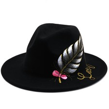 Wide Brim Black Wool Felt Top Hat Hand Painted Leaves Flat Autumn Winter Jazz