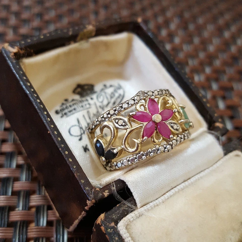 Gold Plated Sterling Silver Ring Ruby Emerald Sapphire UK Size P / US 7.5 /EU 56 - Image 3 of 4