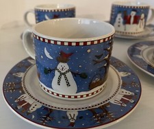 Vintage SAKURA SNOWMAN 8 Piece Set 4 CUPS/4 SAUCERS  1998 DEBBIE MUMM Retired