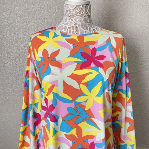 Lands End Sz L 14 16 Colorful Floral Retro Crew Swim Tee Rash Guard Long Sleeves - Picture 3 of 10