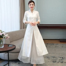 Chinese Style Retro Embroidered Cotton Linen Jacquard Long Dress Women V-neck