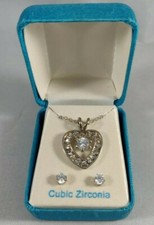 Cubic Zirconia Heart Shaped Necklace and Round Stud Earrings Set