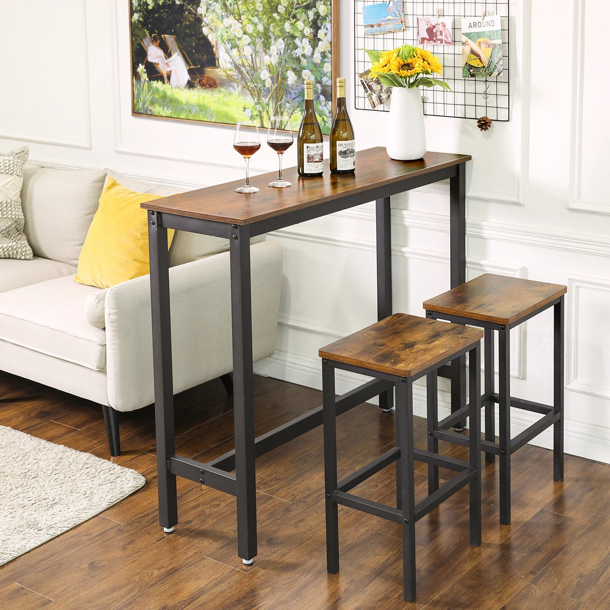 VASAGLE Dining Table Set Bar Table and Chairs Set Kitchen Bar Height Table  with Stools Set of 2 Rustic Brown and Black 