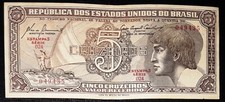 REAL OLD BANKNOTE 5 CRUZEIROS BRASIL 1961 PAPER MONEY 024 SOUTH AMERICA RARE