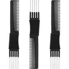 3 Pack Black Carbon Rat Tail Combs Teasing Combs Lifting Combs with Metal Prong