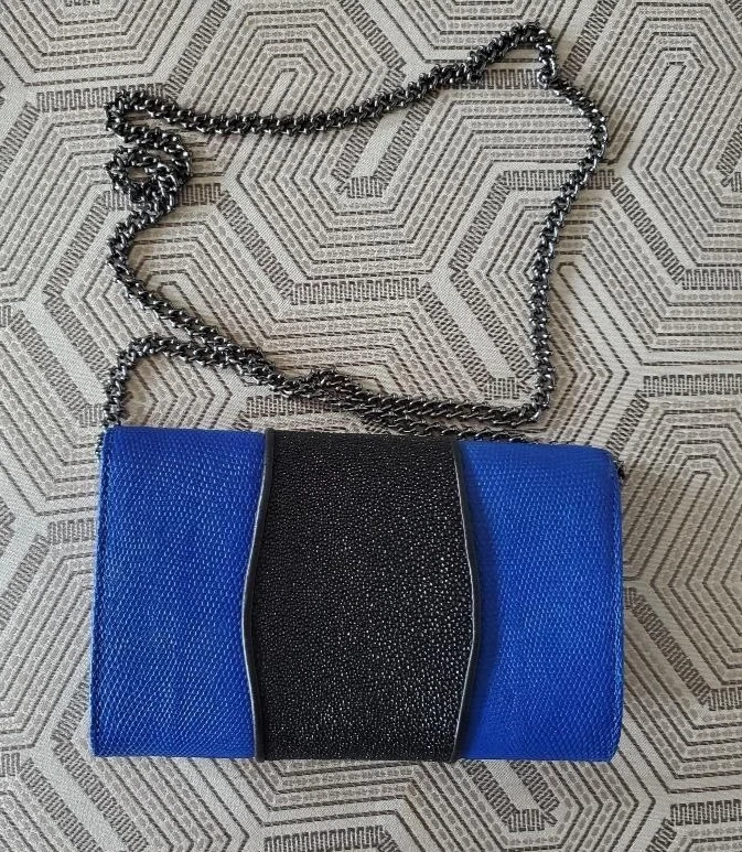 Khirma Eliazov embossed leather clutch, blue and black exterior w/shoulder strap - Image 2 of 4