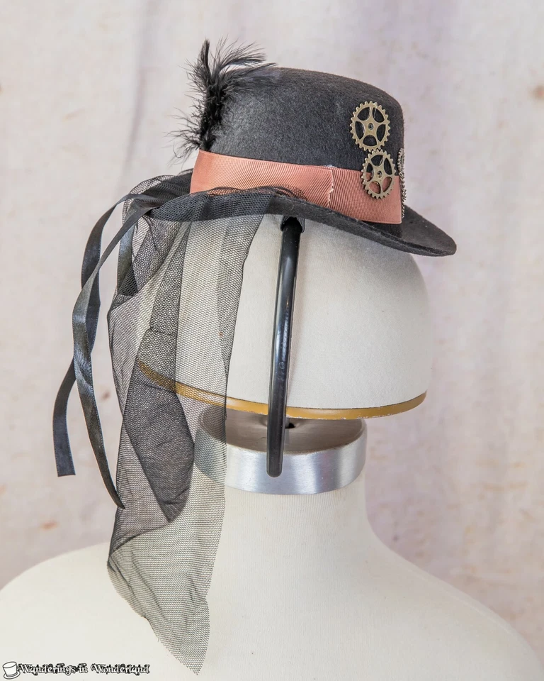 Mini sombrero Steampunk negro para damas diadema velo banda marrón engranajes disfraz Foto 4 de 4