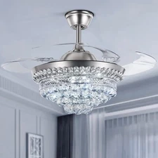 Luxury 42"Crystal Ceiling Fan with Light Remote 3 Speed Retractable Chandelier 