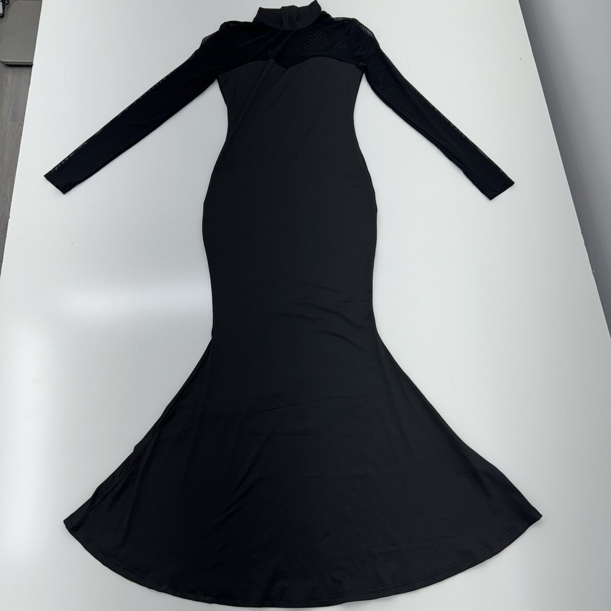 SHEIN Black Contrast Mesh Mermaid Hem Mock Neck Dress Long Sleeve Women  Size XS