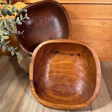 Vintage Pair of Rounded 5.75 Inch Square Teak Wood Salad Trinket Bowls