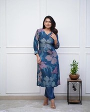 Women's Chanderi Straight Printed Kurta with Pant  Color May Vary 