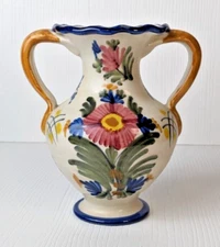 vintage floral vase two handles signed Flaera Espana Spanish