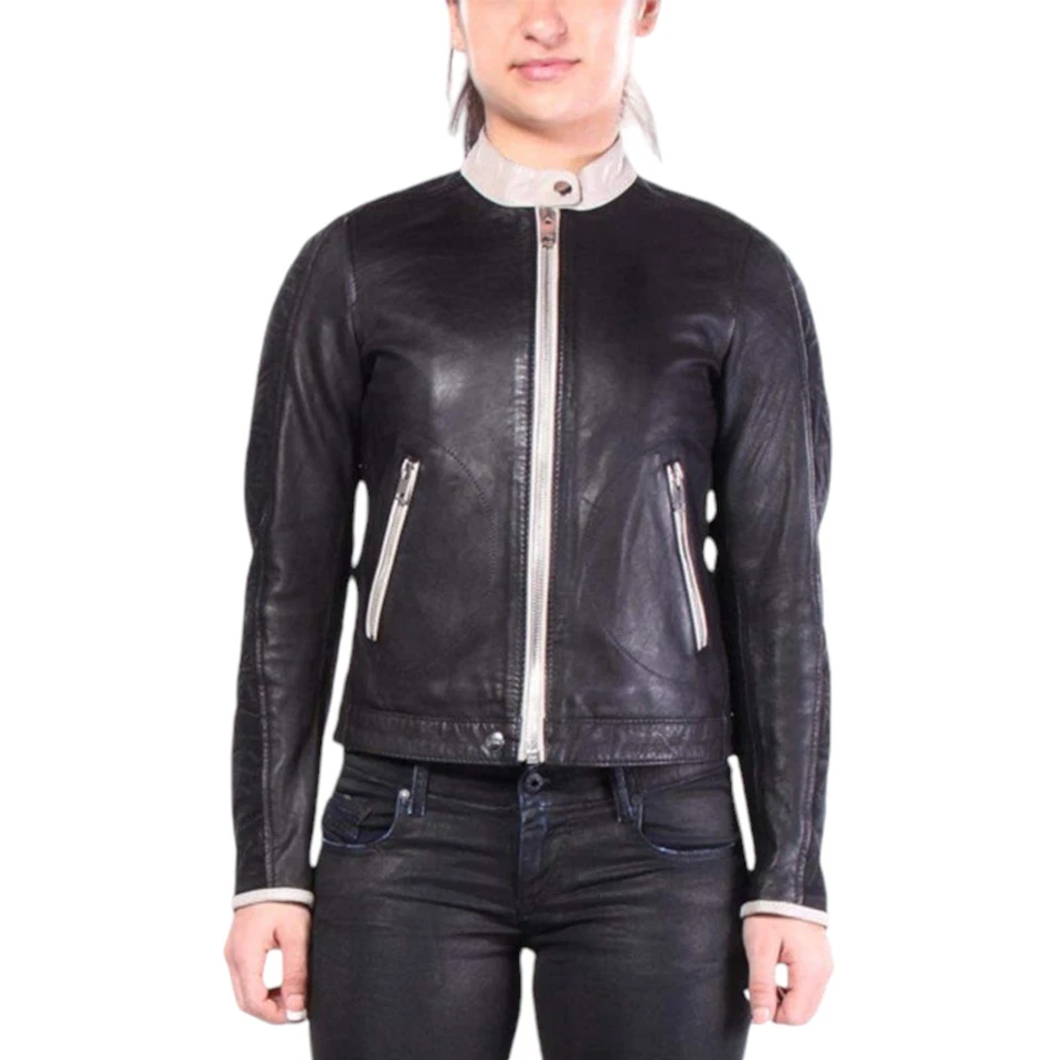 DIESEL L GIN Womens Leather Jacket Long Sleeve Cafe Racer Ladies Biker Zip Coat - Image 4 of 4