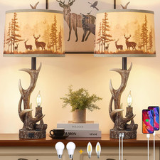 Rustic Antler Table Lamps 2-Pack with USB  Type C Ports - 28'' Farmhouse Decor
