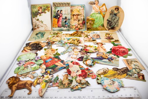 ANTIQUE VICTORIAN SCRAP BOOKING CUT WHIMSICAL THEME PAPER POSTCARDS LOT